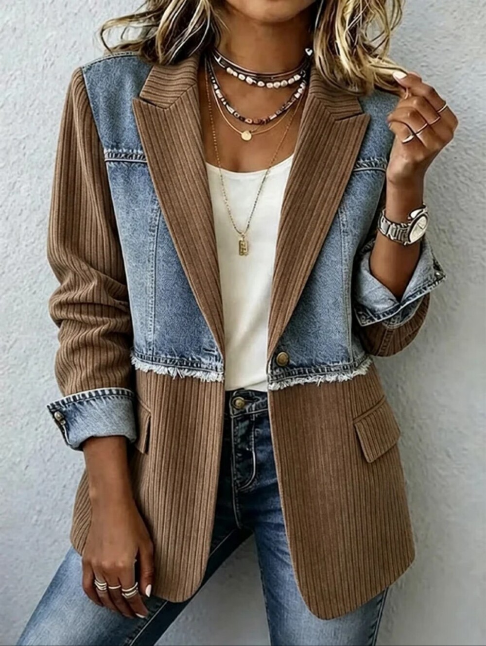 Light Blue Mixed-Media Denim Blazer Jacket - Picture 8 of 9